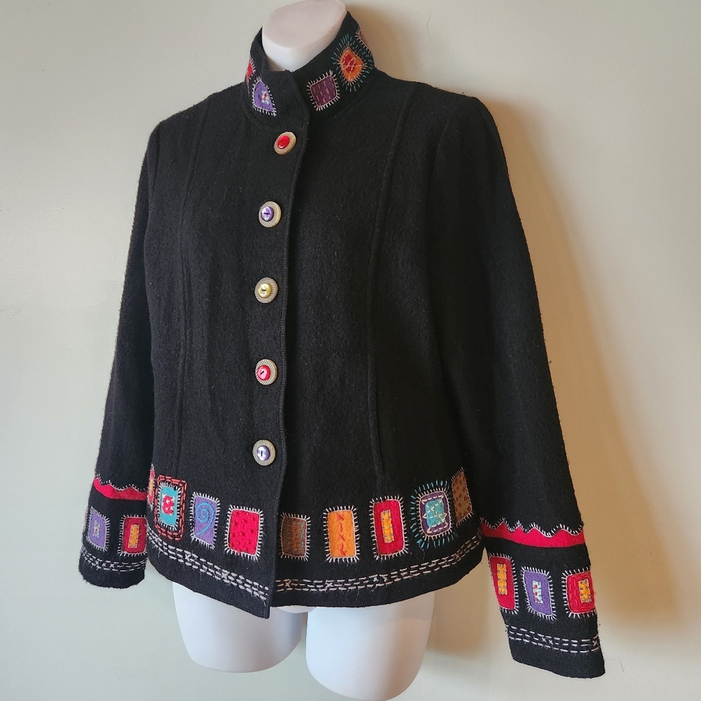Women's Small ICELANDIC DESIGN Black Wool Embroidered Lined Jacket